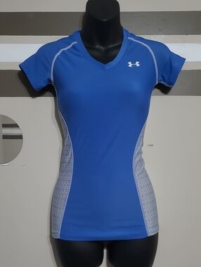 Under Armour Blue & Grey Heat Gear Short-Slv Compression Cycling Jersey Sz Small